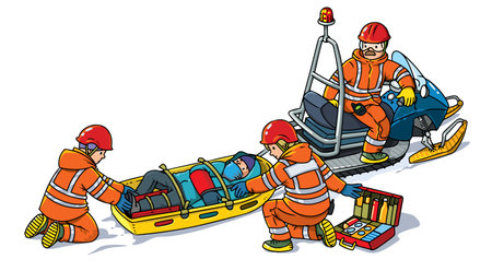 Lifeguards or rescuers provide first aid mountain rescue sled and evacuate the victim on snowmobile. Rescue unit. children vector illustration.のイラスト素材