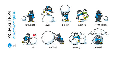 Preposition of place. Funny penguins cartoon setのイラスト素材