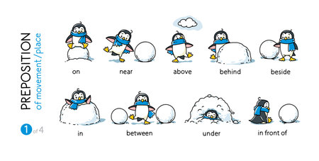 Preposition of place. Funny penguins cartoon setのイラスト素材