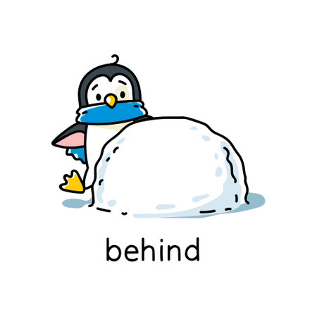 Prepositions. Penguin stand behind the snowballのイラスト素材