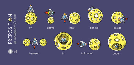 Preposition of place. Rocket and the planet setのイラスト素材