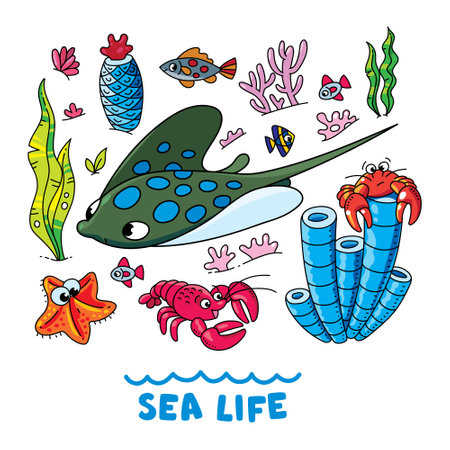 Sea theme. Stingray Kids vector illustration setのイラスト素材