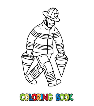 Firefighter with buckets of sand. Coloring bookのイラスト素材