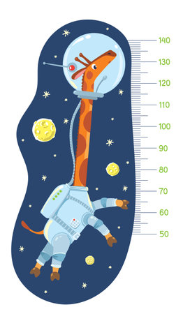Funny giraffe astronaut or cosmonaut in outer space. Height meter or meterwall or wall sticker. Childrens vector illustration with scale from 50 to 140 centimeter to measure growthのイラスト素材