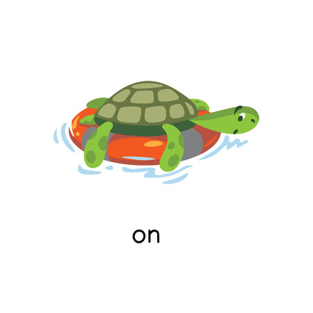 Preposition of place. Turtle ON the lifebuoyのイラスト素材