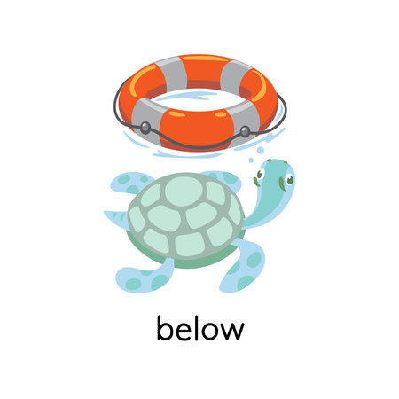 Preposition of place. Turtle BELOW the lifebuoyのイラスト素材