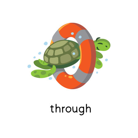 Preposition. Turtle jumping THROUGH the lifebuoyのイラスト素材