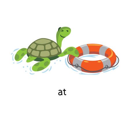 Preposition of place. Turtle AT the lifebuoyのイラスト素材