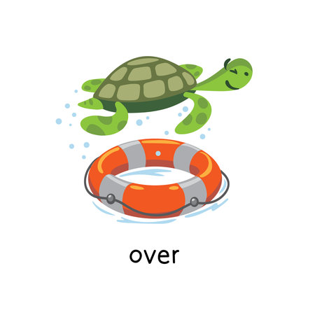 Preposition of place. Turtle OVER the lifebuoyのイラスト素材