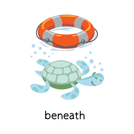 Preposition of place. Turtle BENEATH the lifebuoyのイラスト素材
