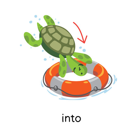 Preposition. Turtle jumps INTO the lifebuoyのイラスト素材