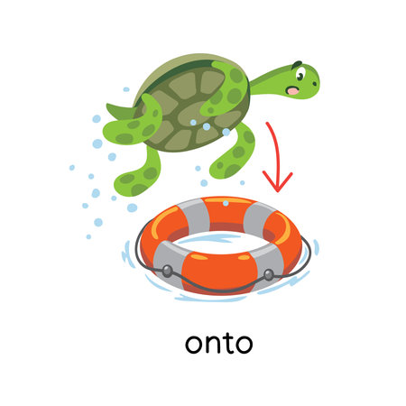 Preposition. Turtle jumps ONTO the lifebuoyのイラスト素材