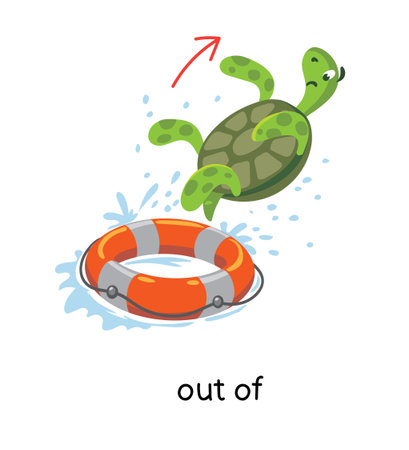 Preposition. Turtle is OUT OFF the lifebuoyのイラスト素材