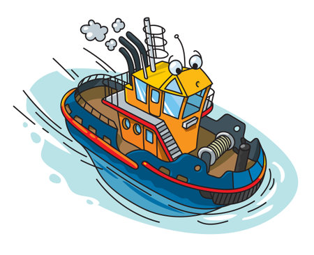 Funny tugboat with eyes. Boat or ship illustrationのイラスト素材