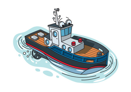 Funny tugboat with eyes. Boat or ship illustrationのイラスト素材