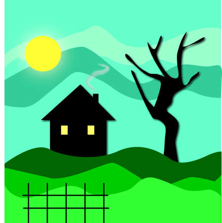 illustration of landscape with little house on the horizonのイラスト素材