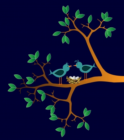 pair of birds with nest on a branchのイラスト素材