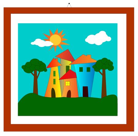 design illustration with frame with houses and treesのイラスト素材