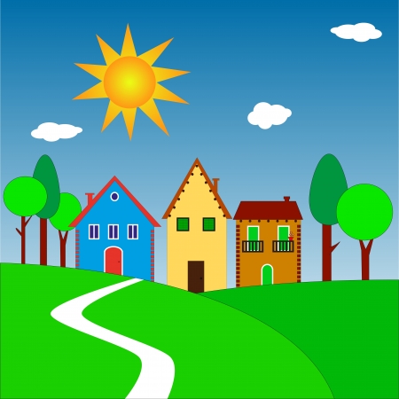 Vector illustration of houses on hills with shining sunのイラスト素材