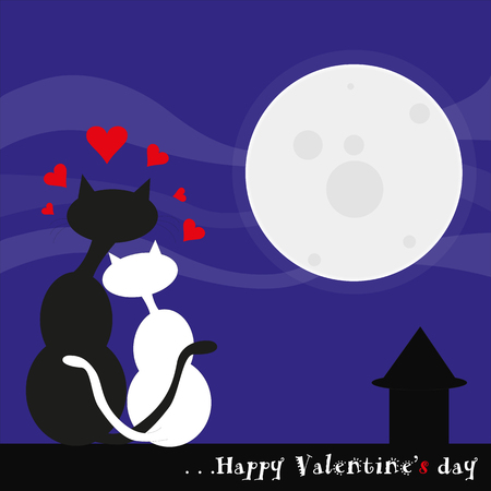illustration of cats in love under the full moonのイラスト素材