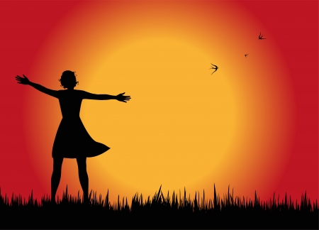 Female silhouette at sunsetのイラスト素材