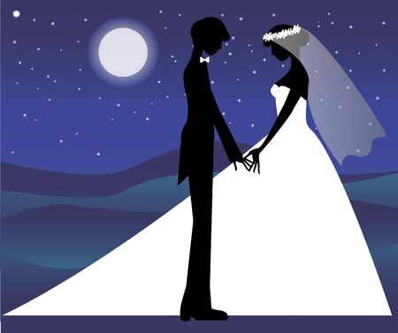 silhouette of bride and groom under a starry skyのイラスト素材