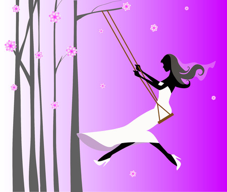 bride in swing on a pink backgroundのイラスト素材