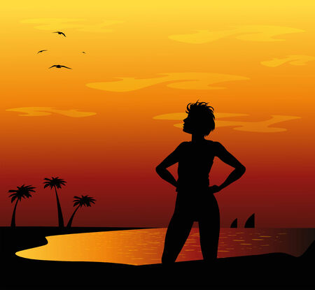 girl silhouette on the beach at sunsetのイラスト素材
