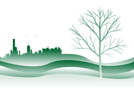 city silhouette with bare tree in the foregroundのイラスト素材