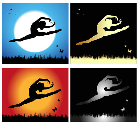 girl silhouette dancing in a meadowのイラスト素材