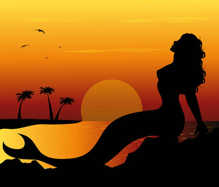 mermaid silhouette on the rocksのイラスト素材