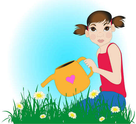  little girl watering the daisies in the meadowのイラスト素材