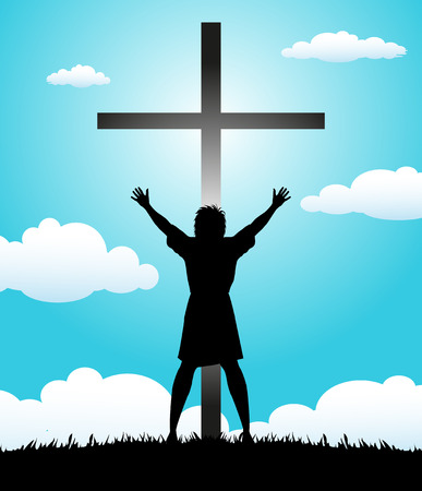 silhouette of woman praying before the crucifixのイラスト素材