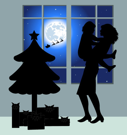 Mom and daughter silhouette in the night of Christmas Eveのイラスト素材