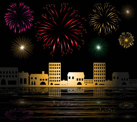 fireworks in the city by the seaのイラスト素材