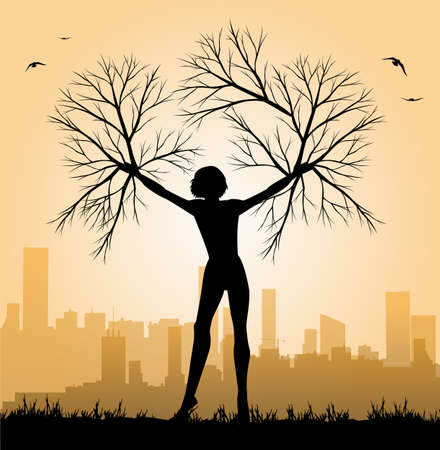 illustration of woman tree and city in the backgroundのイラスト素材