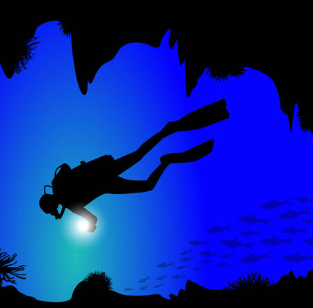 silhouette of diver on the seabedのイラスト素材