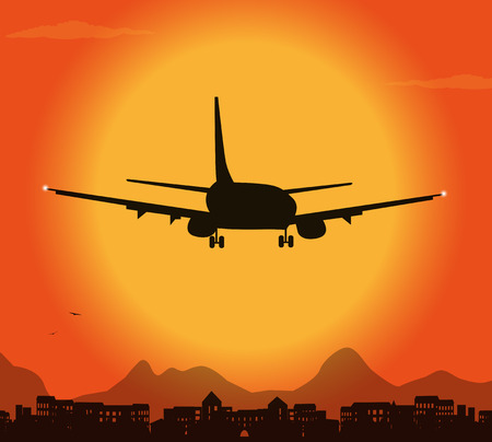 airplane silhouette in the sunset and city in the backgroundのイラスト素材