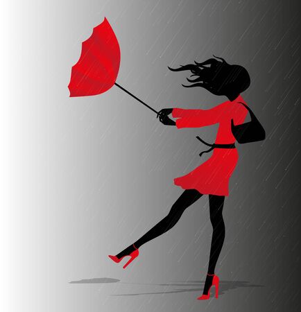 girl with red umbrella in a stormのイラスト素材