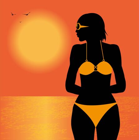 silhouette of girl in bikini on the beachのイラスト素材