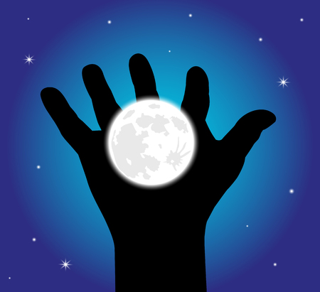 in a starry sky hand holding up the moonのイラスト素材