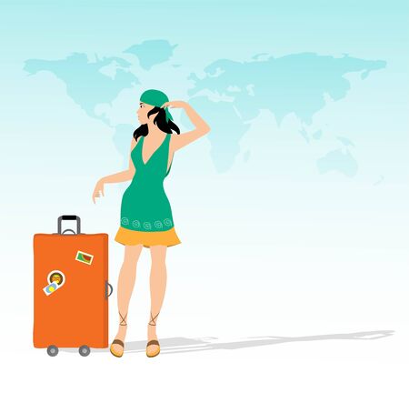 pretty girl with suitcase and map of the world in the backgroundのイラスト素材