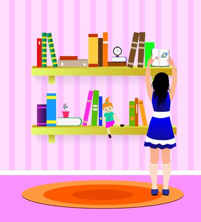 young girl takes a book from the libraryのイラスト素材