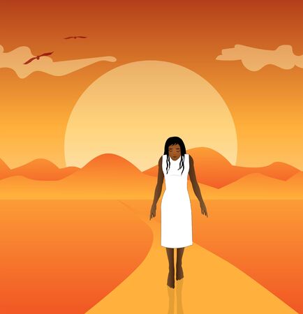 sad woman alone walking at sunsetのイラスト素材