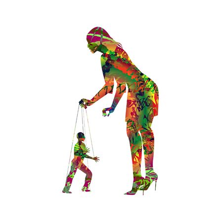Symbolic illustration of a woman manipulating a man like a puppetのイラスト素材