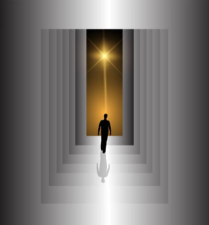 Surreal illustration of silhouette man going towards the lightのイラスト素材