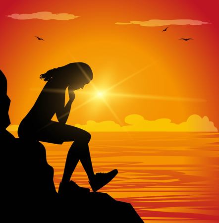 Sad girl sitting on a cliff facing the seaのイラスト素材