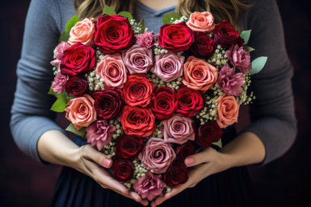valentines day heart made of multicolor roses in handsの素材