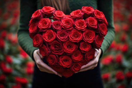 valentines day heart made of red roses in handsの素材