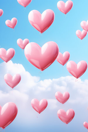 pink hearts shape balloons in the skyの素材